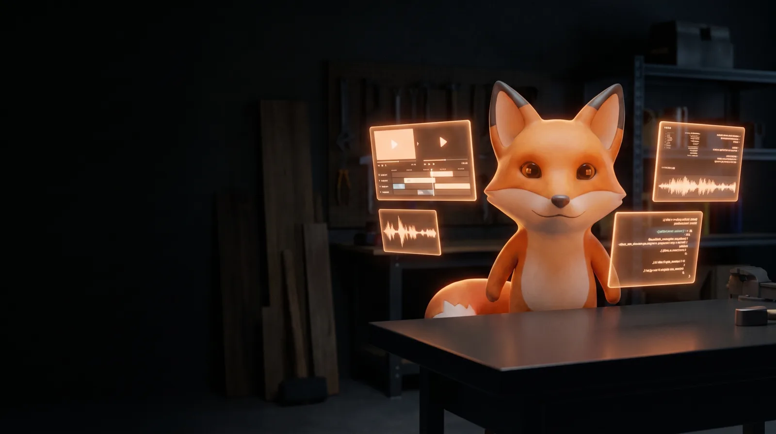 Fox craftsman at a lit workbench — Tamze at work